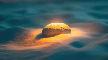 A light shining on a rock in the snow photo