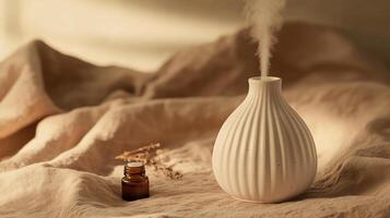 A white vase with a small bottle of essential oil on a linen photo