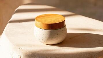 A white jar with a wooden lid sitting on a stone surface photo