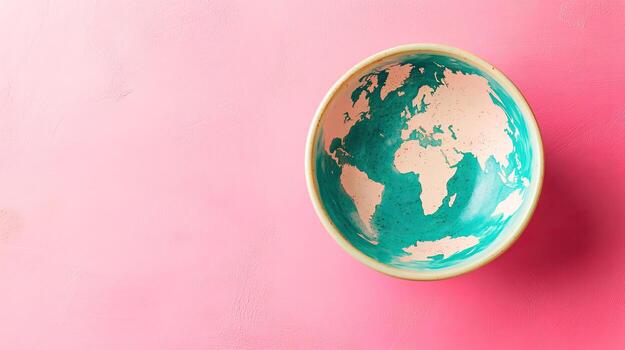 A bowl with a world map on it on a pink background photo