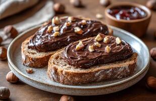 Rustic French bread slices with nuts and chocolate spread on ceramic plate photo