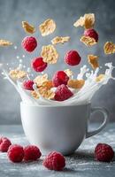 Milk splashing from white mug with raspberries and cornflakes flying, gray background photo