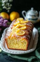 A loaf of lemon pound cake on a plate photo