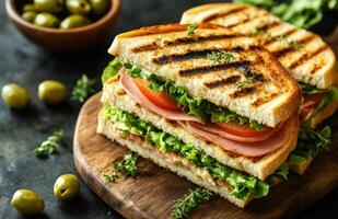 A sandwich with ham, tomatoes and lettuce on a cutting board photo