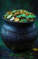 A black pot filled with gold and green coins for St. Patrick's Day celebration photo