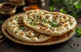 Soft and Fluffy Naan Breads on a Golden Plate with Spices photo