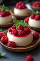Panna Cotta with Creamy Top and Vibrant Raspberry Sauce on the Side photo