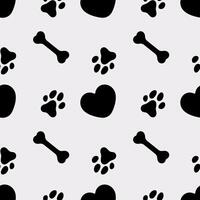 Dog Paw Seamless pattern. Dog footprint repeating pattern. Monochrome pattern with dog tracks, bone and heart vector