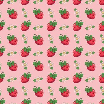 Strawberry seamless pattern. Repeating pattern with strawberries. Summer pattern on pink background. Juicy red seamless strawberries with flowers vector