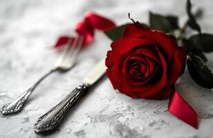 Red Rose and Ribbon on Silver Knife, Fork for Valentines Day or Wedding Dinner photo