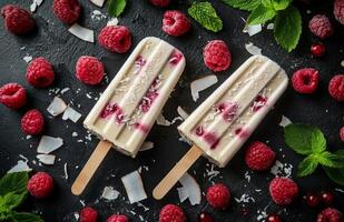 Popsicle with coconut and raspberries on a dark background, refreshing summer treat photo