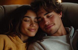 A young couple is sleeping together on a couch photo