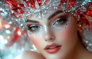 A beautiful woman with shiny red and silver makeup, wearing a crystal headdress photo