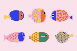 Collection of quirky reef fishes, puffer fishes. Abstract cartoon print for card, poster, sticker. Groovy elements vector