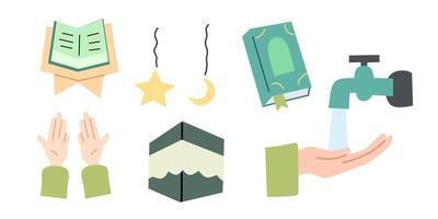 Set of Ramadan Kareem, Eid Mubarak, Happy Iftar, Eid al Adha, and Eid al Fitr flat element. Islamic hand drawn icon sign for Web, app, and social media. Graphic Design illustrationl vector