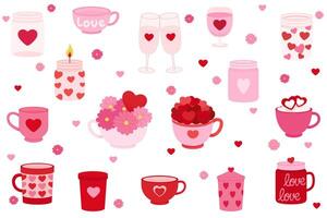 A set of romantic mugs, cups, jars and glasses, a set of stickers. Isolated illustrations on a white background. vector
