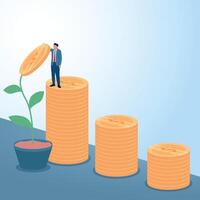 A man picks a coin plant from the top of a rising graph. Illustration for return on investment, stocks and company value. vector