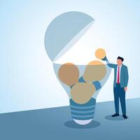 A man inserts an idea light into a large lamp. Illustration for suggestions, criticisms and tips and tricks. vector