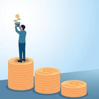 A man looks at a money plant on a rising graph. Illustration for return on investment, stocks and company value. vector