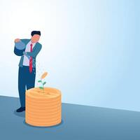 A man watering plants on a pile of coins. Illustration for return on investment, stocks and company value. vector
