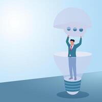 A man holds up a chat icon inside a lamp. Illustration for suggestions, criticisms and tips and tricks. vector