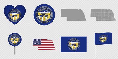 Nebraska State Flags and Maps Icon Pack. vector