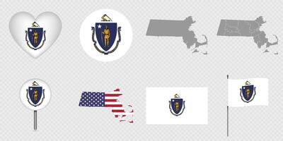 Massachusetts State Flags and Maps Icon Pack. vector