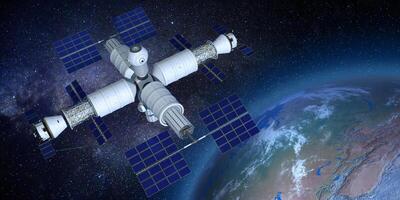 3D model of the Russian orbital station orbiting the planet Earth against a galaxy background photo