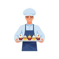baker presenting a tray of cupcakes vector