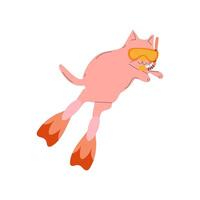 Cartoon pink cat wearing swimming goggles and flippers, ready for a fun underwater adventure in a cute and playful style vector