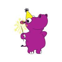 Cartoon hippo wearing a festive hat and holding a sparkler, celebrating with joy, fun, and a cheerful holiday atmosphere vector