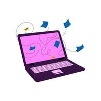 Laptop with paper airplanes flying out, symbolizing creativity, digital communication, and the spread of ideas in a modern world vector