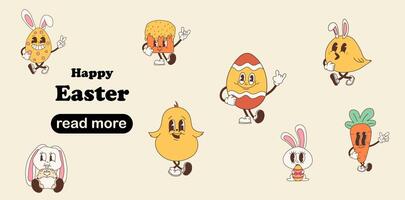 Web page design template. Set of Groovy Cute Easter Characters vector