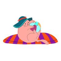 Cartoon cat wearing a summer hat and playing with a beach ball, a fun and cheerful character enjoying a sunny beach day vector