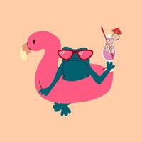 Cartoon frog wearing sunglasses, relaxing with a drink on an inflatable flamingo, enjoying a fun and carefree summer day vector