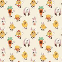 Seamless pattern with set of Groovy Cute Easter Characters vector