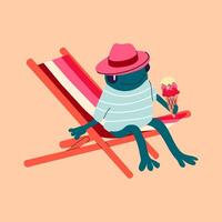 Cartoon frog sitting in a chair on the beach, enjoying an ice cream cone on a sunny and relaxing summer day vector