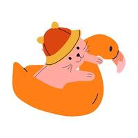 Cartoon cat wearing a hat, floating on an orange raft, enjoying a relaxing and fun summer adventure on the water vector