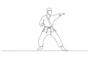 Professional taekwondo player one-line drawing. Man playing taekwondo outline isolated on white background. vector