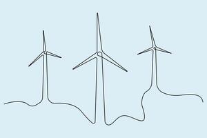 Continuous line art drawing of wind turbine. Windmill concept background. vector