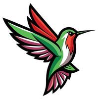 Stylized hummingbird illustration, vibrant colors, green and red feathers, geometric shapes, dynamic pose, wings spread vector