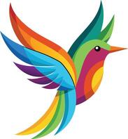 Vibrant colorful hummingbird logo, geometric shapes, abstract bird design, rainbow palette, stylized wings, dynamic pose vector