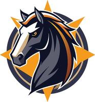 Horse head logo, stylized, geometric design, dark gray and orange color scheme, star shape background, fierce expression vector