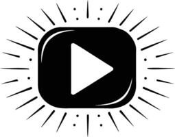 Black and white icon, play button, rounded square shape, radiating lines, starburst effect, minimalist design, digital media symbol vector