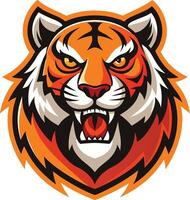 Tiger mascot, fierce expression, stylized art, orange and black, aggressive snarling face, sharp fangs vector
