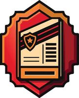 Badge design, document icon, shield emblem, geometric shapes, red and orange color scheme, retro style, bold outlines vector