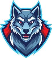 Wolf mascot, fierce expression, red eyes, stylized illustration, esports logo, blue and red color scheme, sharp angular design vector
