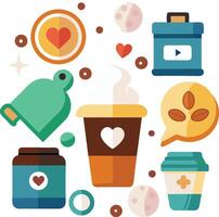 Coffee theme, flat design icons, coffee cup with heart, coffee beans, to-go cups, love symbols, coffee jar, bell icon vector
