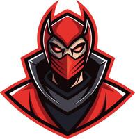 Stylized mascot logo, red and black ninja character, fierce owl-like mask, glowing red eyes, sharp angular design, esports team emblem, aggressive posture vector