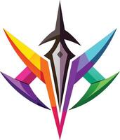 Geometric logo design, fountain pen nib, colorful abstract wings, symmetrical composition, vibrant rainbow colors, sharp angular shapes vector